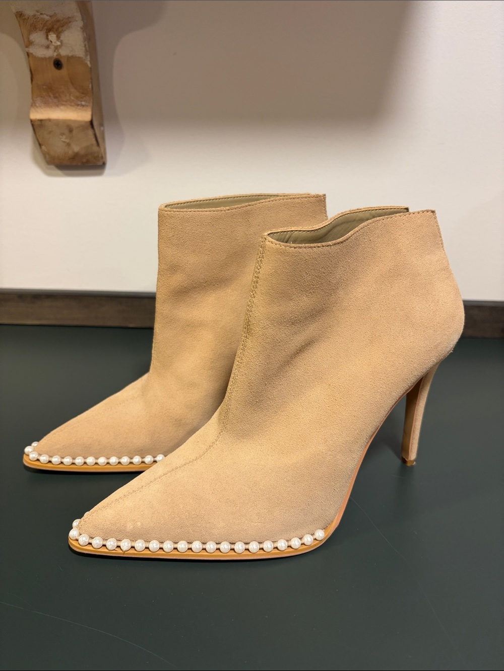 Karl Lagerfeld Tan Suede Pearl-Trim Pointed Ankle Booties